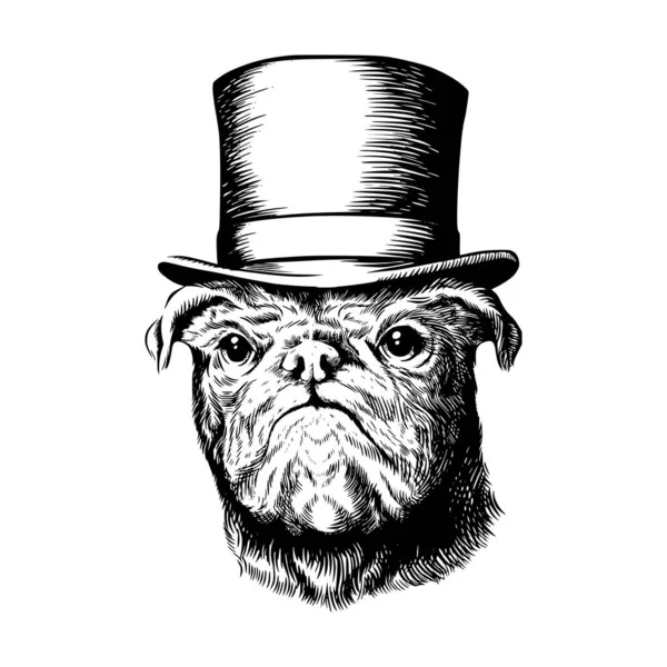 Pug cão no chapéu superior ilustração vetorial preto e branco —  Vetores de Stock