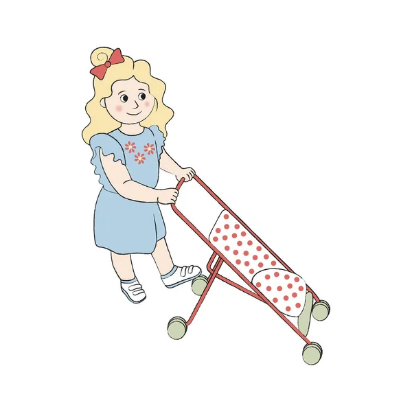 Dessin animé petite fille avec poupée bébé poussette dans ses mains, isolé sur blanc — Image vectorielle