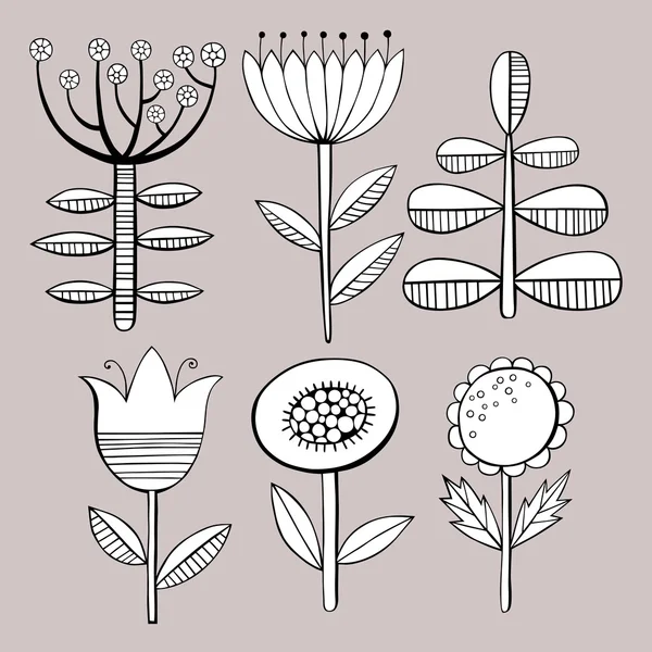 Hermoso conjunto de flores monocromas. Ilustración vectorial . — Archivo Imágenes Vectoriales