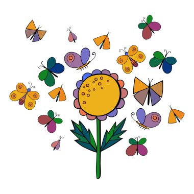 Sevimli çizgi böcek küme. Kelebek ve çiçek. İzole. Vektör çizim.