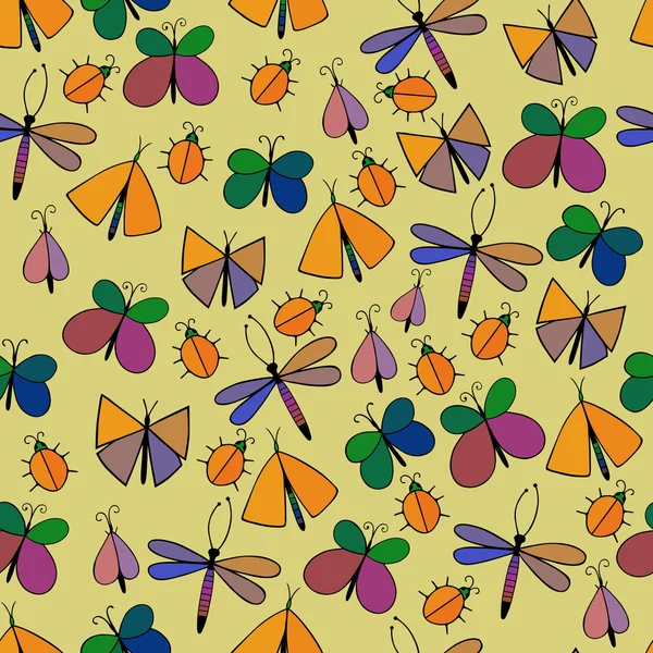 Lindo conjunto de insectos de dibujos animados. Libélulas, mariposas. Patrón sin costura vectorial . — Vector de stock