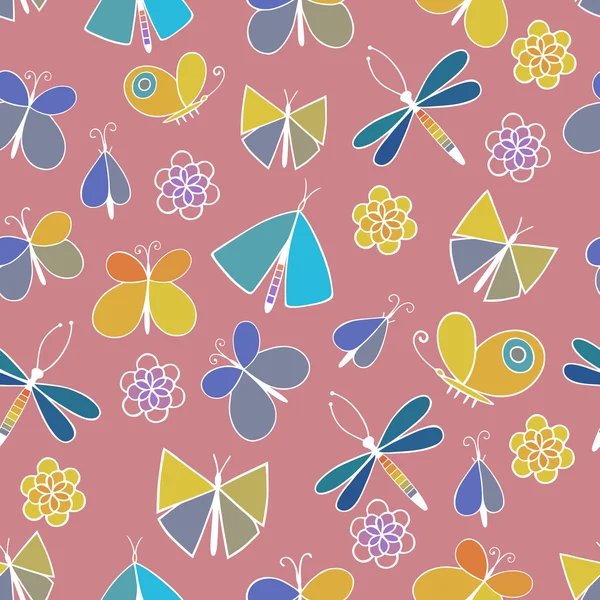 Roztomilý kreslený hmyzu sada. Vážky, motýly a květiny. Vektorové bezešvé vzor. — Stockový vektor
