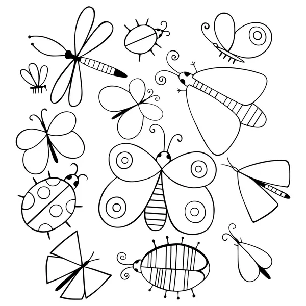 Sevimli çizgi tek renkli böcek küme. Yusufçuk, kelebekler ve hatalar. Vektör çizim. — Stok Vektör