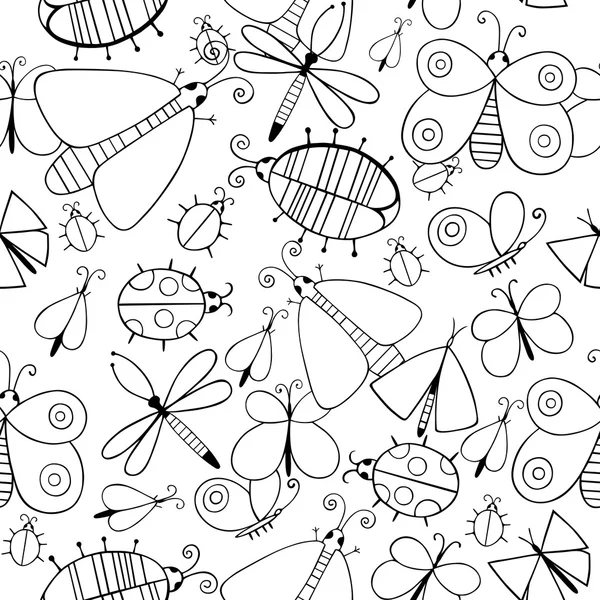 Schattige cartoon monochroom insect set. Libellen, vlinders en insecten. Naadloze patroon vector. — Stockvector