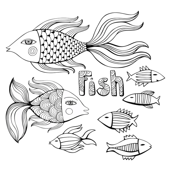 Bonito conjunto de dibujos animados peces monocromáticos. Imagen vectorial . — Vector de stock