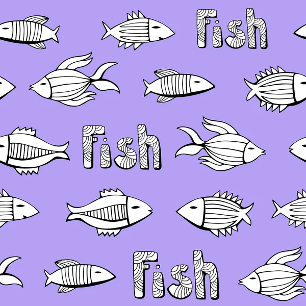 Bonito conjunto de dibujos animados peces monocromáticos. Patrón sin costura vectorial . — Vector de stock