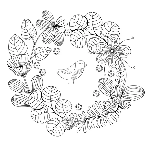 Beautiful monochrome Flowers round frame with bird. Vector Illustration. — Stock Vector