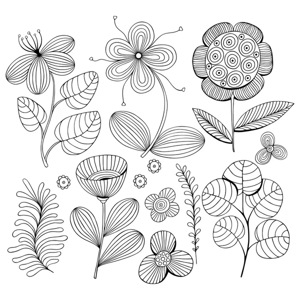 Hermoso conjunto de flores monocromas. Ilustración vectorial . — Vector de stock