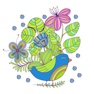 Güzel çiçekler kuş ile ayarlayın. Vektör çizim.