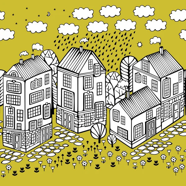 Cartoon Houses set. Monochrome Vector seamless pattern.