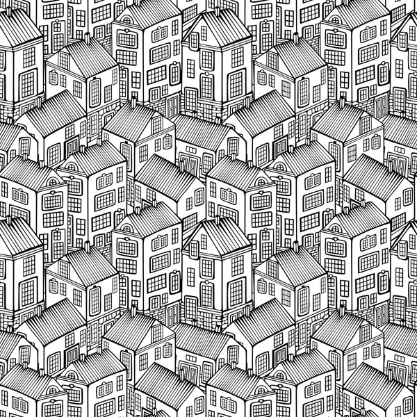 Cartoon Houses set. Monochrome Vector seamless pattern. — Stock Vector