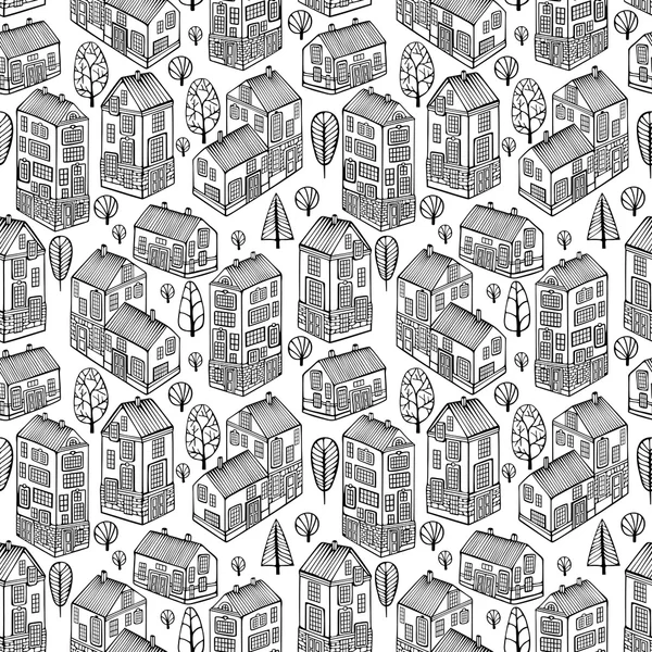 Cartoon Houses set. Monochrome Vector seamless pattern.