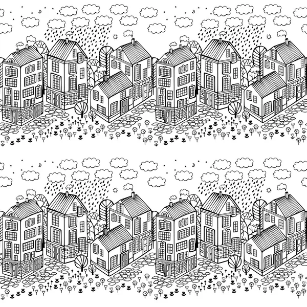 Cartoon Houses set. Monochrome Vector seamless pattern.