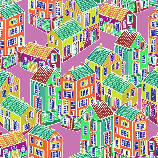 Cartoon Maisons prêtes. Modèle sans couture vectoriel coloré . — Image vectorielle