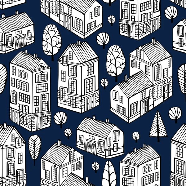 Cartoon Houses set. Monochrome Vector seamless pattern.