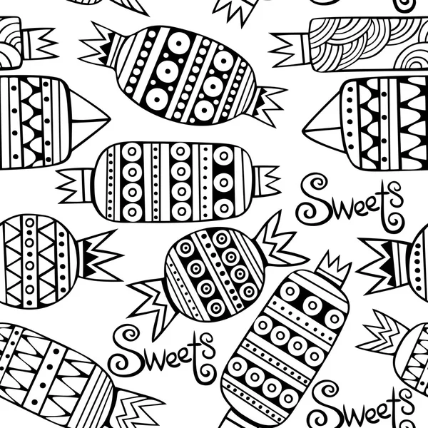 Édes cukorka készlet. Fekete-fehér vektor Seamless Pattern. — Stock Vector