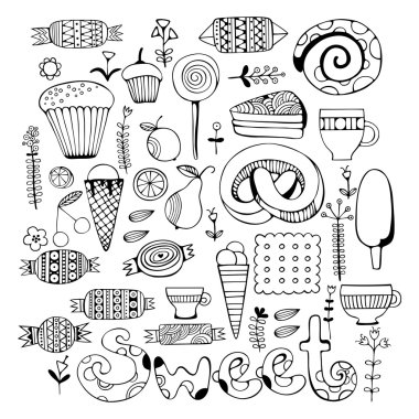 Elle çizilmiş tatlı ve şekerleme ayarlayın. Tek renkli vektör çizim.