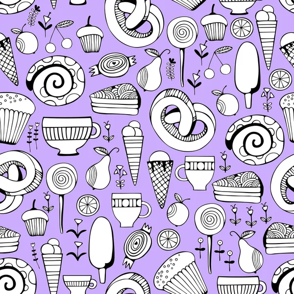 Kézzel rajzolt cukorkák és édességek készletet. Fekete-fehér vektor Seamless Pattern. — Stock Vector