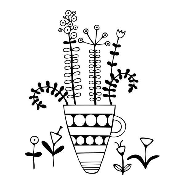 Beautiful Flowers In Pots. Monochrome Vector Illustration. — Stock Vector