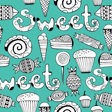 Elle çizilmiş tatlı ve şekerleme ayarlayın. Tek renkli vektör Seamless Modeli.