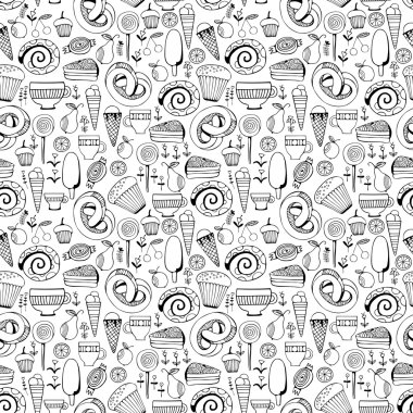 Elle çizilmiş tatlı ve şekerleme ayarlayın. Tek renkli vektör Seamless Modeli.