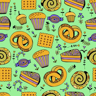 Elle çizilmiş tatlı ve şekerleme ayarlayın. Renkli vektör Seamless Modeli.