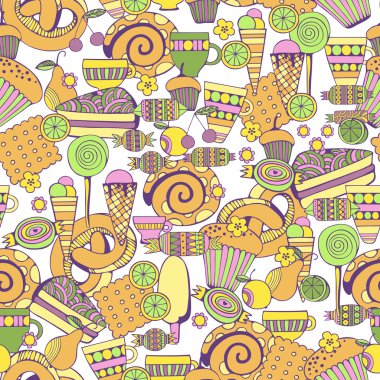 Elle çizilmiş tatlı ve şekerleme ayarlayın. Renkli vektör Seamless Modeli.