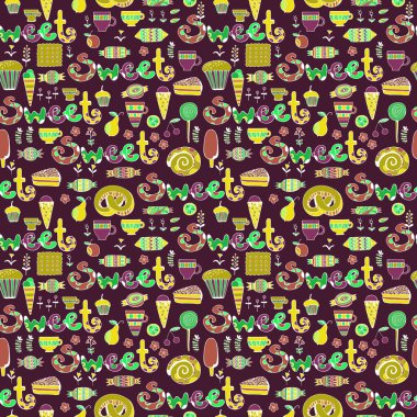 Elle çizilmiş tatlı ve şekerleme ayarlayın. Renkli vektör Seamless Modeli.