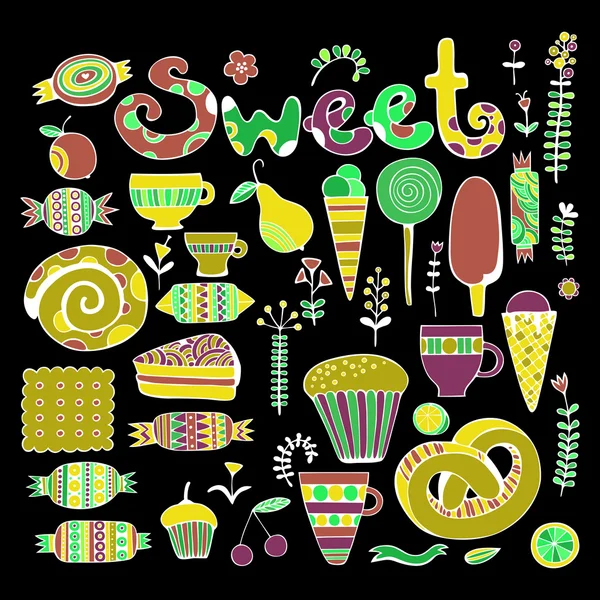 Conjunto de dulces y dulces dibujados a mano. Ilustración vectorial colorida . — Vector de stock