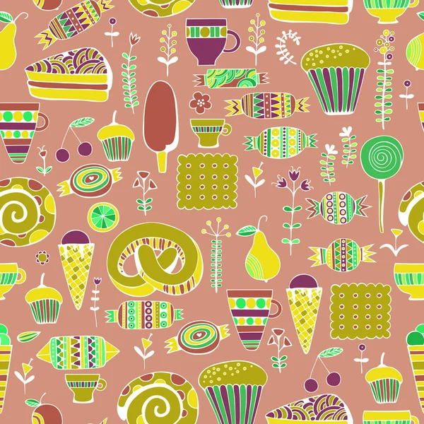 Kézzel rajzolt cukorkák és édességek készletet. Színes vektor Seamless Pattern. — Stock Vector