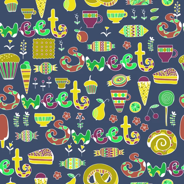 手描きのお菓子とお菓子のセットです。カラフルなベクトルのシームレス パターン. — ストックベクタ