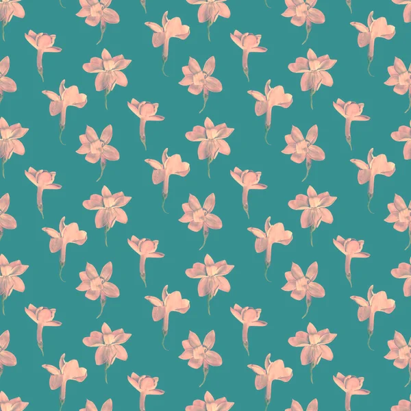Nahtlose Muster drucken. kleine lila Blüten mit blauem Hintergrund. — Stockfoto