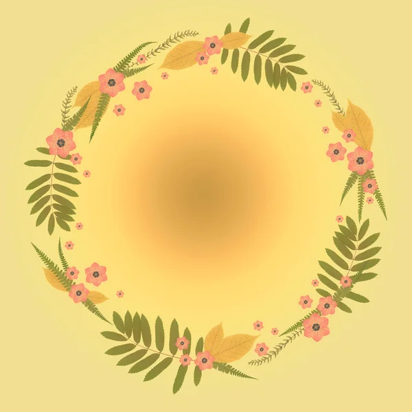 Floral Round Frame with leaves, pink flowers and yellow background. — Stock Photo, Image