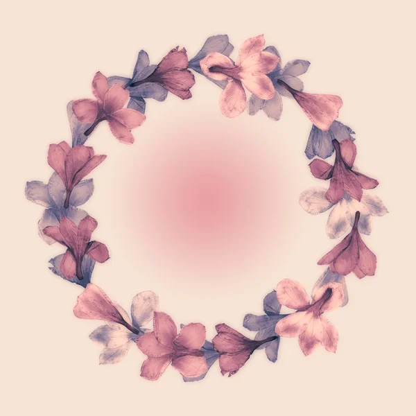 Floral Round Frame with pink and purple flowers and pink soft background. — Stock Photo, Image