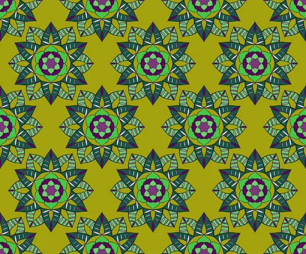 Beautiful vector Print Seamless Pattern. Mandala Flowers with green background — Stock Vector