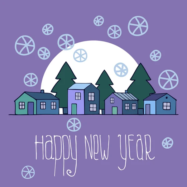 Tarjeta de año nuevo con casas azules. Imagen vectorial . — Vector de stock