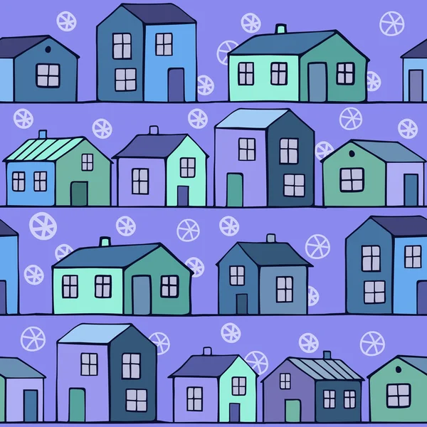 Lindas casitas azules. Patrón sin costura vectorial . — Vector de stock