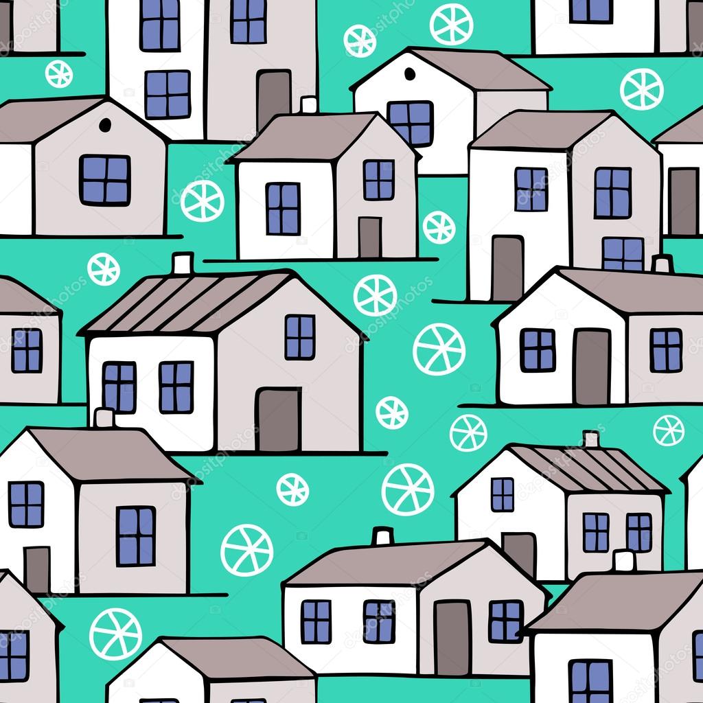 Cute small white houses. Vector seamless pattern.