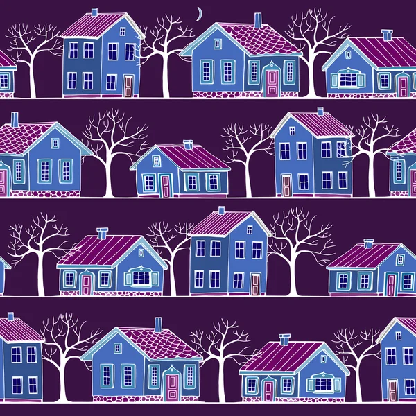 Belles maisons ensemble avec des arbres vectoriel motif sans couture . — Image vectorielle