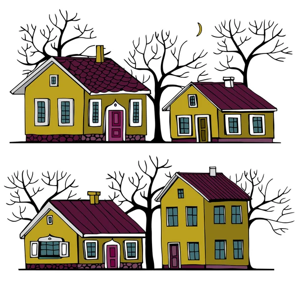 Beautiful Houses set with trees vector seamless pattern. — Stock Vector