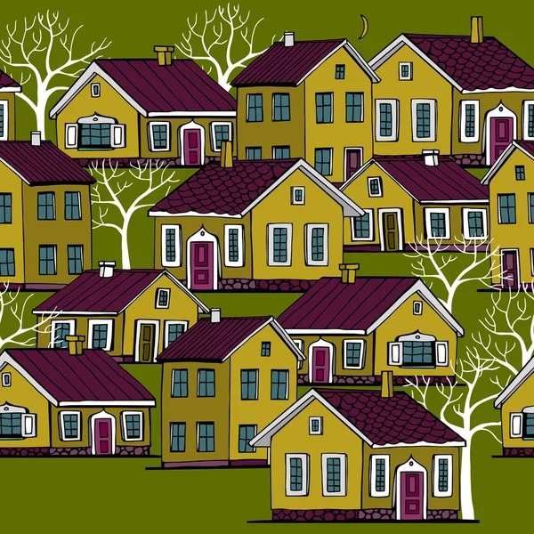 Hermosas casas monocromas conjunto con árboles vector patrón sin costura . — Vector de stock
