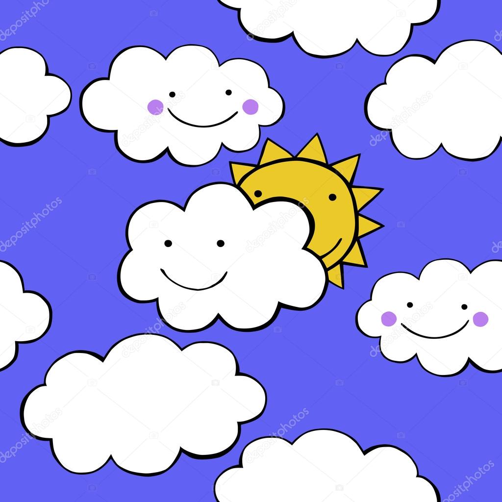 Clouds smiling. Cute Weather set vector seamless pattern.