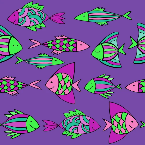 Joli jeu de poissons de dessin animé. Modèle sans couture vectoriel . — Image vectorielle