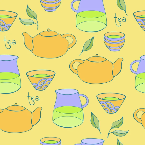 Cute tea set. Vector seamless pattern. — Stock Vector