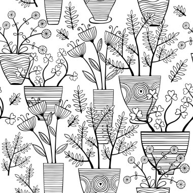 Güzel tek renkli çiçekler içinde tencere. Vektör çizim.