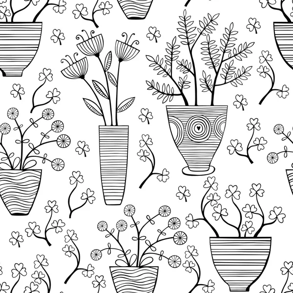 Krásné černobílé květy v květináčích. Vektorové ilustrace. — Stockový vektor