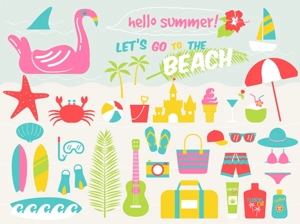 Summer beach illustration set,vector illustration — Stock Vector