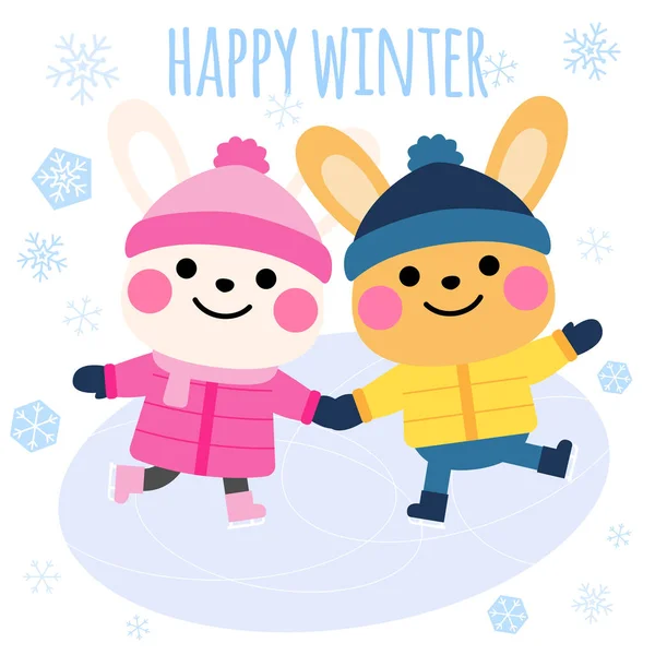 Cute Rabbits Ice Skating Cartoon Illustration Sweet Couple Winter — Wektor stockowy