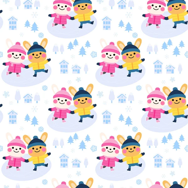 Cute Rabbits Ice Skating Seamless Pattern Background — Stockový vektor