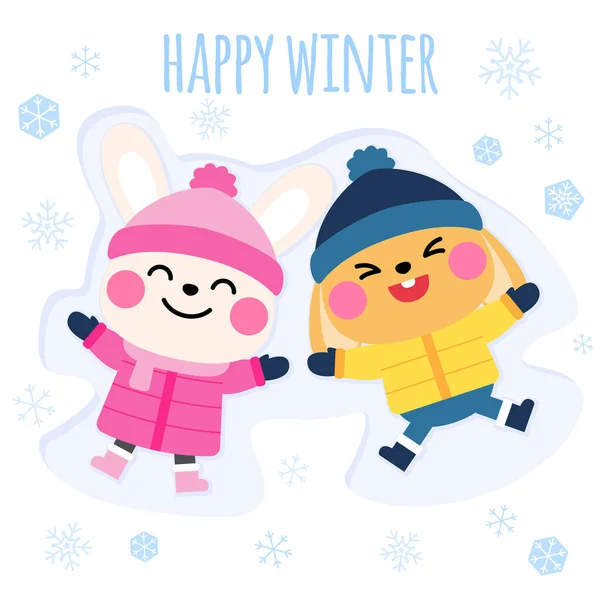 Cute Rabbits Making Snow Butterfly Cartoon Illustration — Wektor stockowy